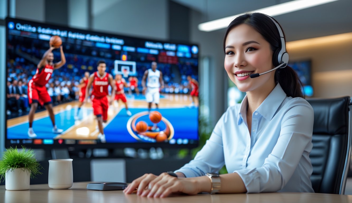 Seorang perwakilan layanan pelanggan yang percaya diri dengan headset di kantor modern, di latar belakang layar digital menampilkan cuplikan pertandingan bola basket.