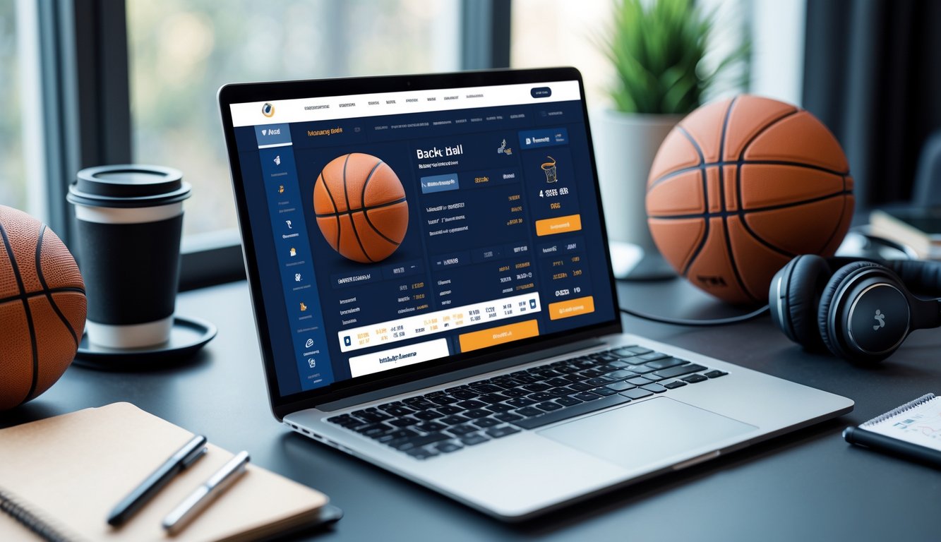 Seorang pria sedang menggunakan laptop dengan situs taruhan bola basket terbuka di meja kerja yang rapi, di sekitar terdapat bola basket dan ponsel.