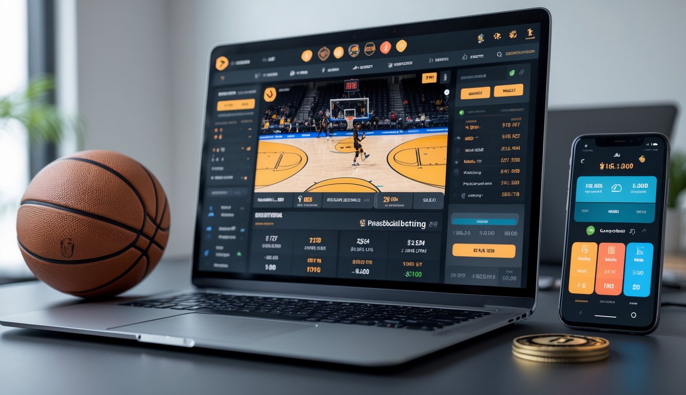 Seorang pria duduk di depan laptop yang menampilkan pertandingan bola basket dan informasi taruhan online di meja kerja modern.