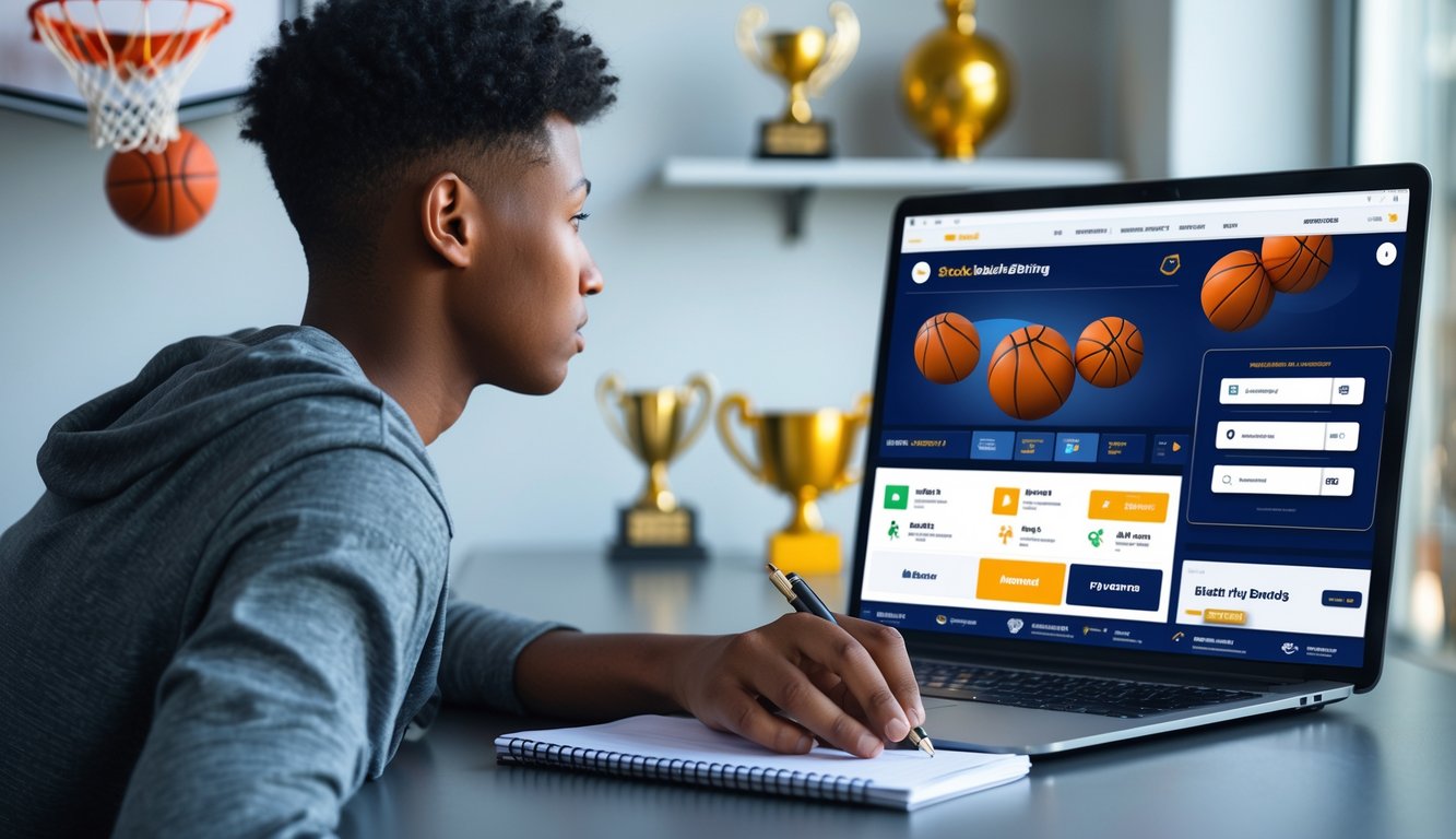 Seorang pemuda duduk di meja dengan laptop membuka situs taruhan bola basket, mencatat sambil fokus melihat layar.