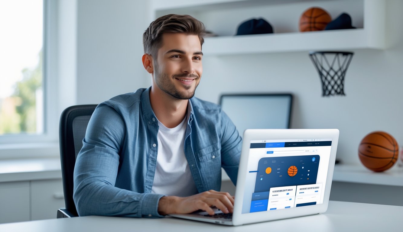 Seorang pria muda duduk di meja dengan laptop, fokus melihat layar di ruangan kantor rumah yang rapi dengan dekorasi bertema bola basket.