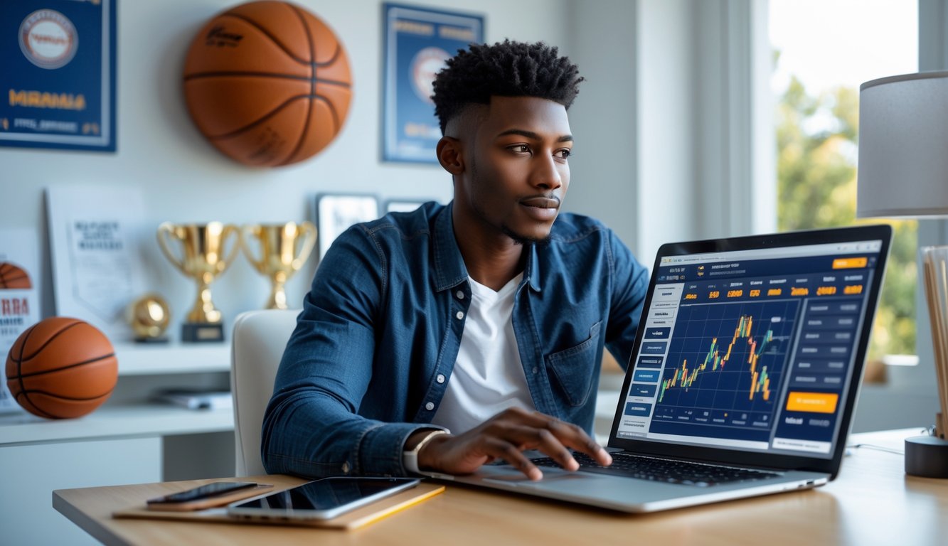 Seorang pria muda duduk di meja dengan laptop yang menampilkan situs judi basket, dikelilingi memorabilia basket di ruang kerja yang terang.