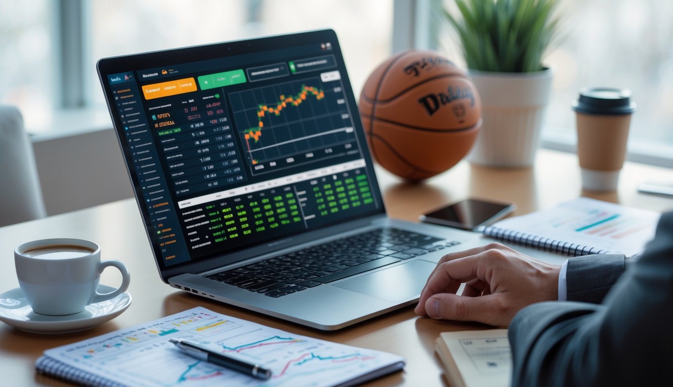 Meja kerja modern dengan laptop menampilkan statistik bola basket, ponsel dengan pertandingan bola basket langsung, dan catatan strategi di atas meja.