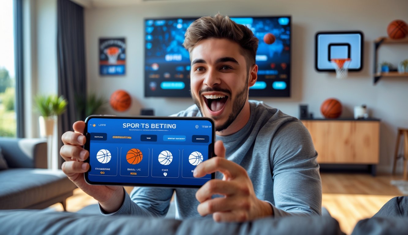 Seorang pria muda menonton pertandingan basket di televisi sambil memegang ponsel dengan aplikasi taruhan olahraga, di ruang tamu yang terang dan berdekorasi dengan tema basket.