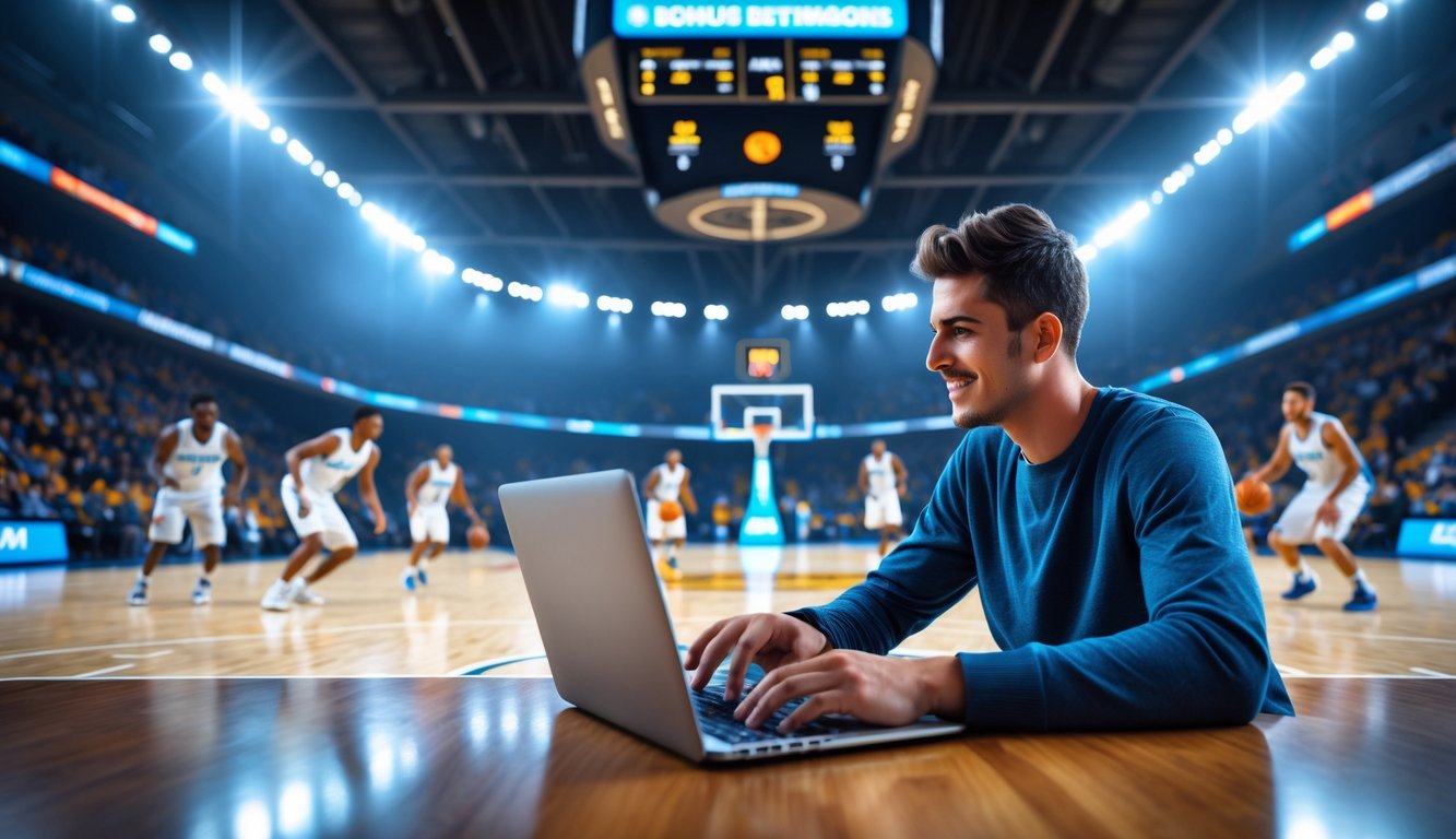 Seorang pria muda menggunakan laptop dan ponsel di dekat lapangan basket dalam ruangan dengan pemain yang sedang bermain.