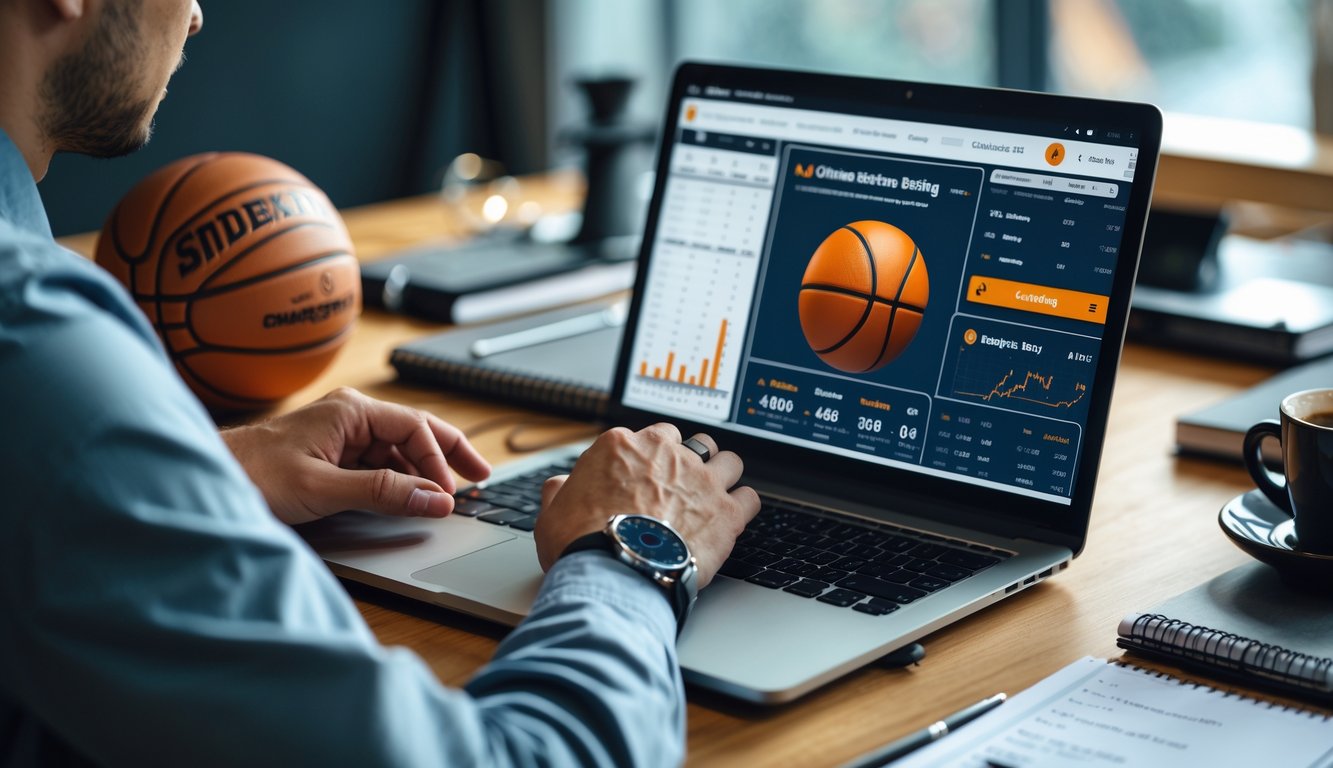 Seseorang sedang menggunakan laptop dan smartphone di meja dengan bola basket dan catatan strategi taruhan.