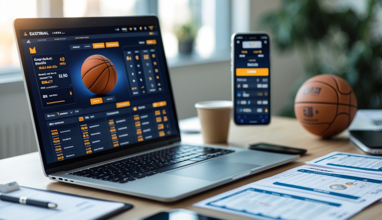 Meja kerja dengan laptop menampilkan statistik bola basket dan ponsel yang menayangkan pertandingan bola basket secara langsung, dengan catatan dan grafik strategi taruhan bola basket di sekitarnya.
