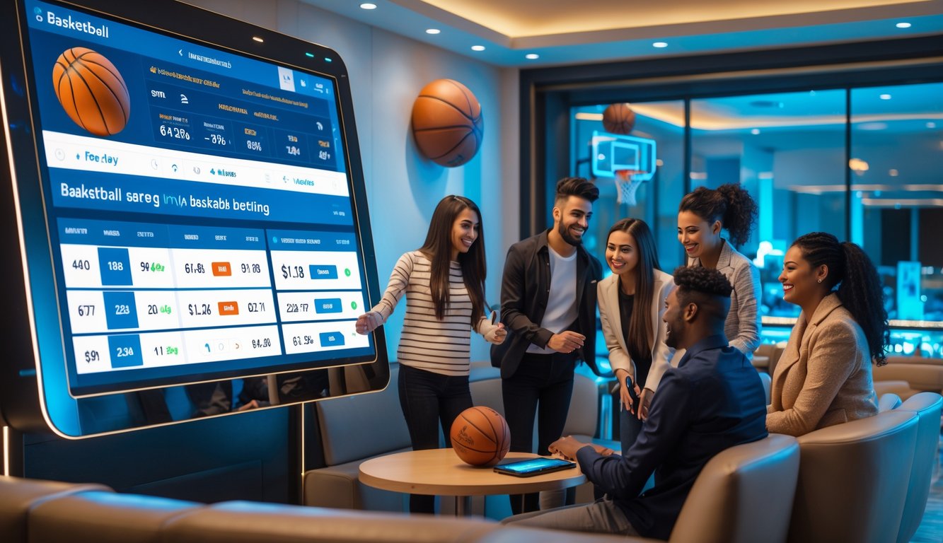 Sekelompok orang muda sedang menggunakan layar sentuh besar untuk taruhan bola basket di ruang santai modern.