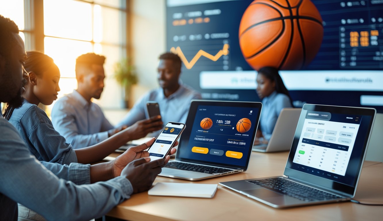 Sekelompok orang menggunakan perangkat digital untuk taruhan bola basket secara online di lingkungan yang nyaman dan modern.