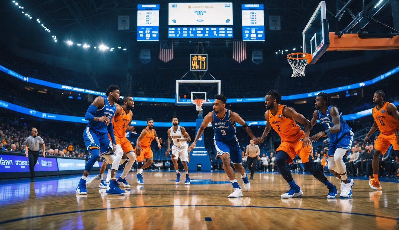 Adegan pertandingan bola basket di lapangan dalam ruangan dengan pemain yang sedang berlaga dan penonton di tribun.