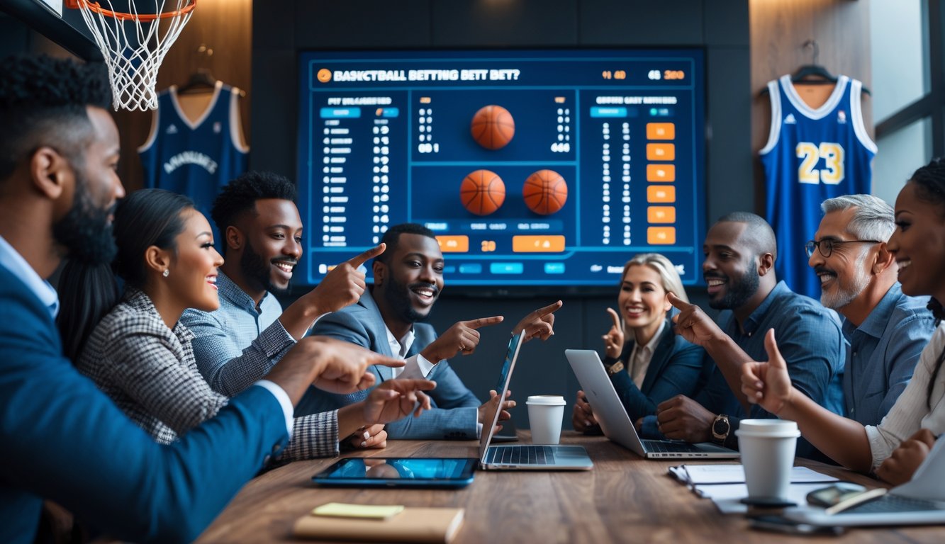Sekelompok orang sedang melihat layar digital yang menampilkan statistik dan peluang taruhan bola basket dalam suasana ruang taruhan modern.