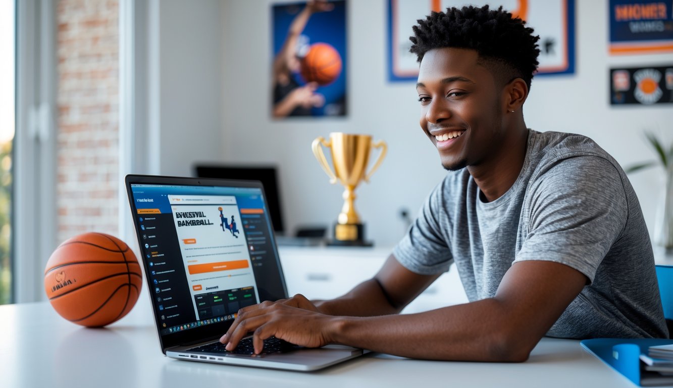 Seorang pria muda duduk di meja dengan laptop, terlihat fokus dan tersenyum, dengan dekorasi bertema bola basket di latar belakang.