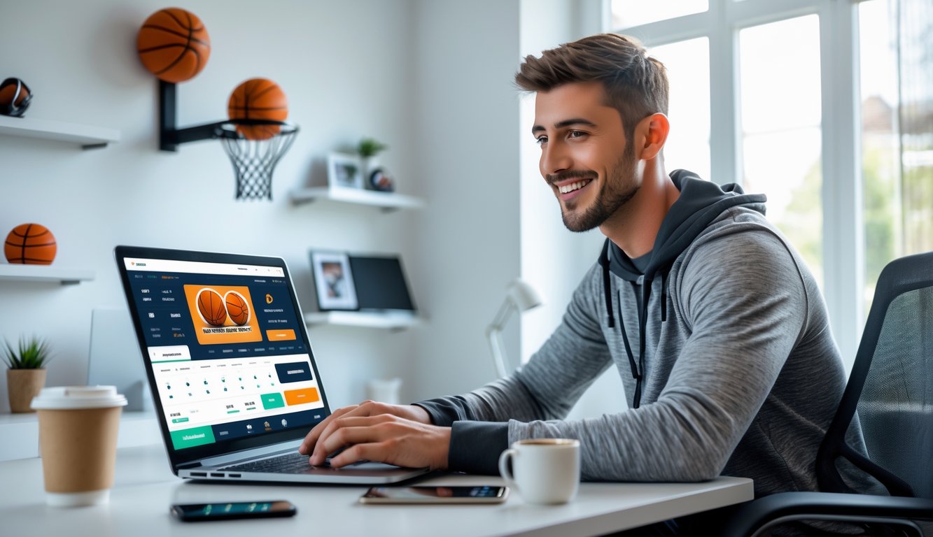 Seorang pria muda duduk di meja dengan laptop, fokus melihat layar yang menampilkan permainan basket, di ruangan dengan dekorasi bertema basket.