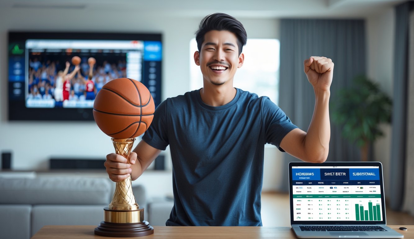 Seorang pria muda merayakan kemenangan bola basket dengan memegang trofi di ruang tamu modern.