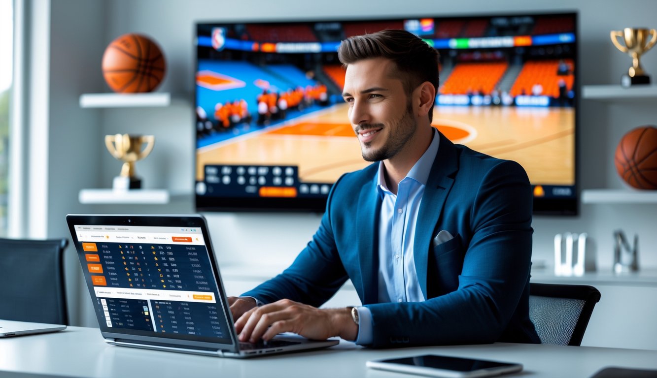 Seorang pria muda duduk di meja dengan laptop yang menampilkan data taruhan bola basket, di latar belakang layar besar menayangkan pertandingan bola basket langsung.