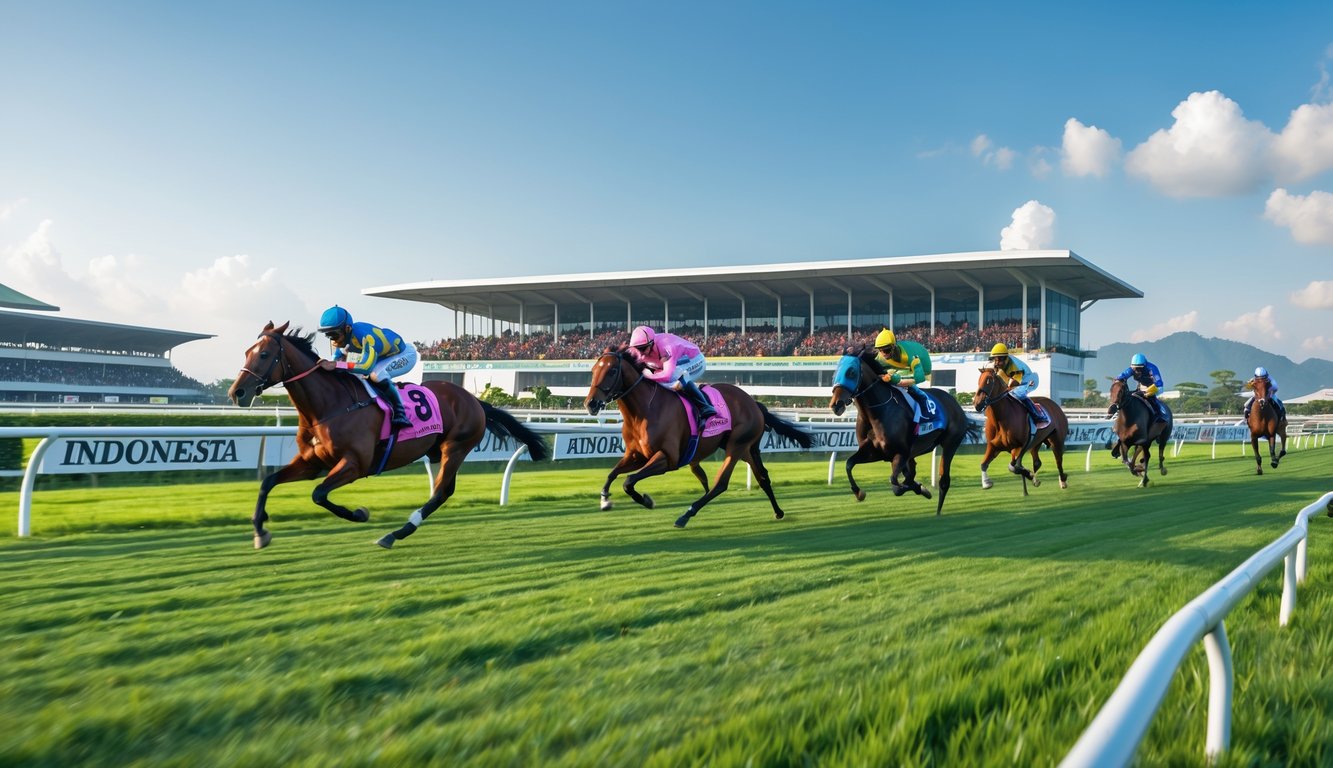 Beberapa kuda pacu dengan joki sedang berlari di lintasan balap kuda dengan tribun penonton di latar belakang.