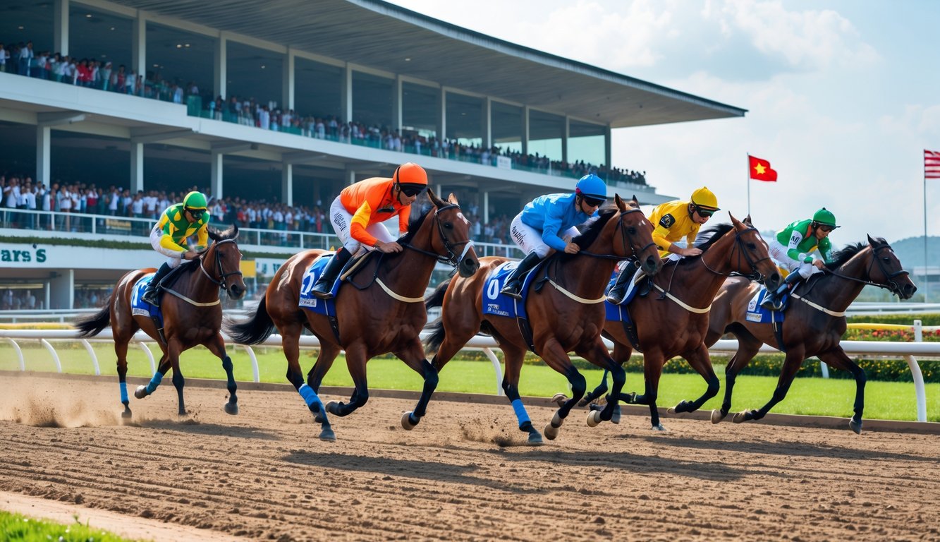 Beberapa kuda pacu dengan joki berwarna-warni berlari cepat di lintasan pacuan kuda resmi dengan tribun penonton di latar belakang.