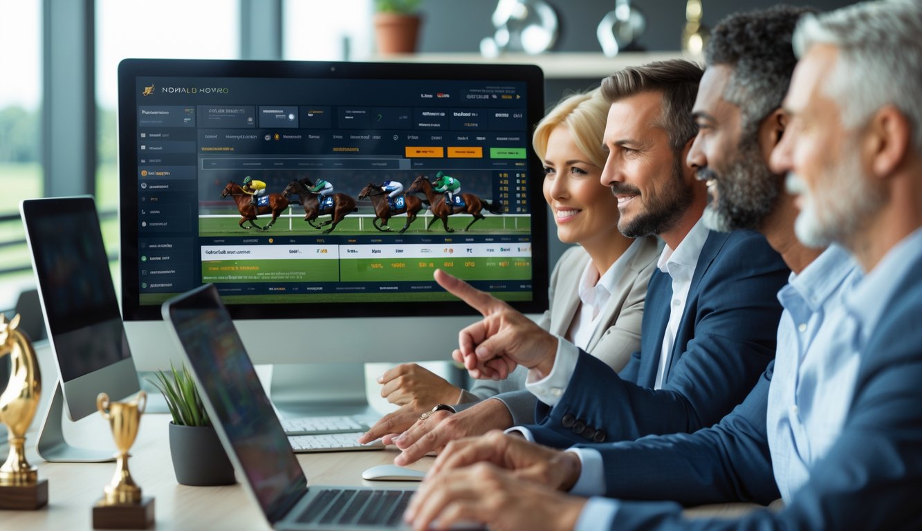 Beberapa orang sedang menggunakan komputer untuk taruhan balap kuda secara online di sebuah kantor modern.