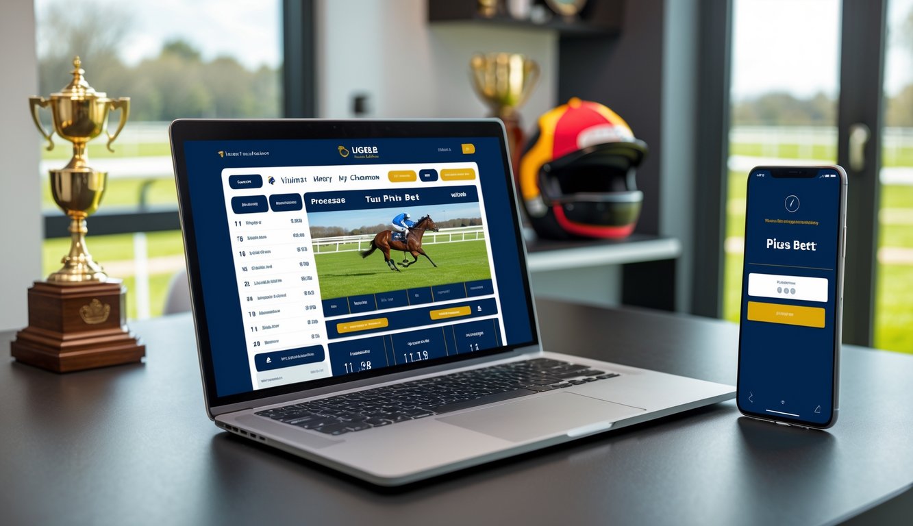 Seseorang menggunakan laptop dan ponsel untuk memasang taruhan balap kuda secara online di meja kerja yang rapi.