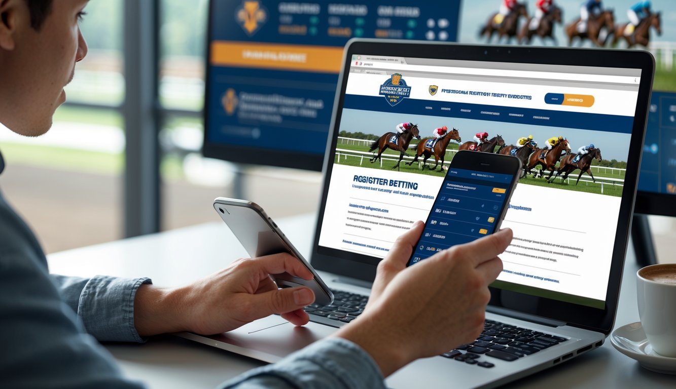 Seorang dewasa muda sedang menggunakan laptop dan ponsel di meja kerja dengan gambar balap kuda di latar belakang.