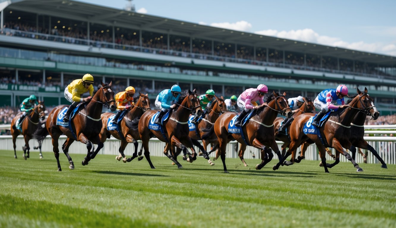 Kuda-kuda balap berlari cepat di lintasan dengan joki mengenakan pakaian warna-warni dan penonton di tribun latar belakang.