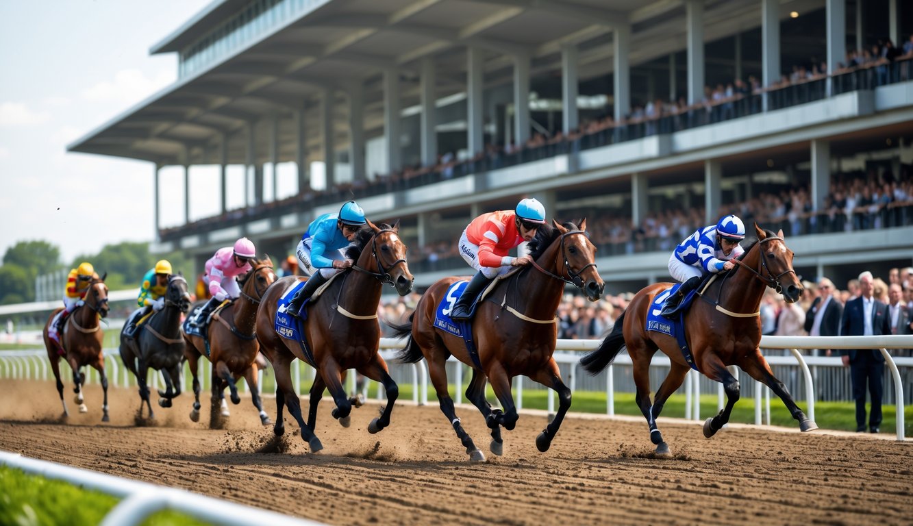 Beberapa kuda pacu dengan joki berwarna-warni berlari cepat di lintasan balap dengan penonton menyaksikan di tribun.
