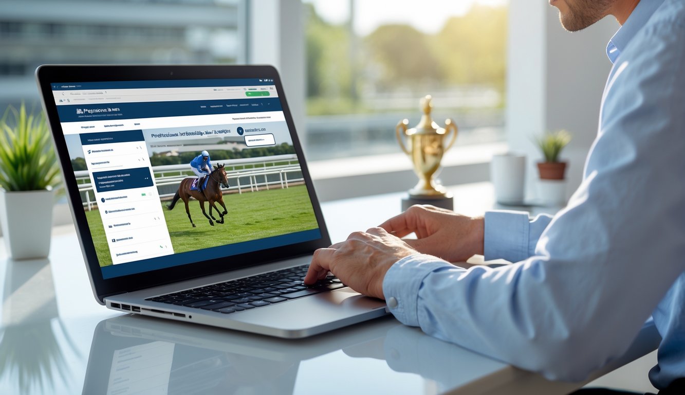 Seseorang sedang menggunakan laptop di meja rapi untuk mendaftar cepat di situs balap kuda resmi.