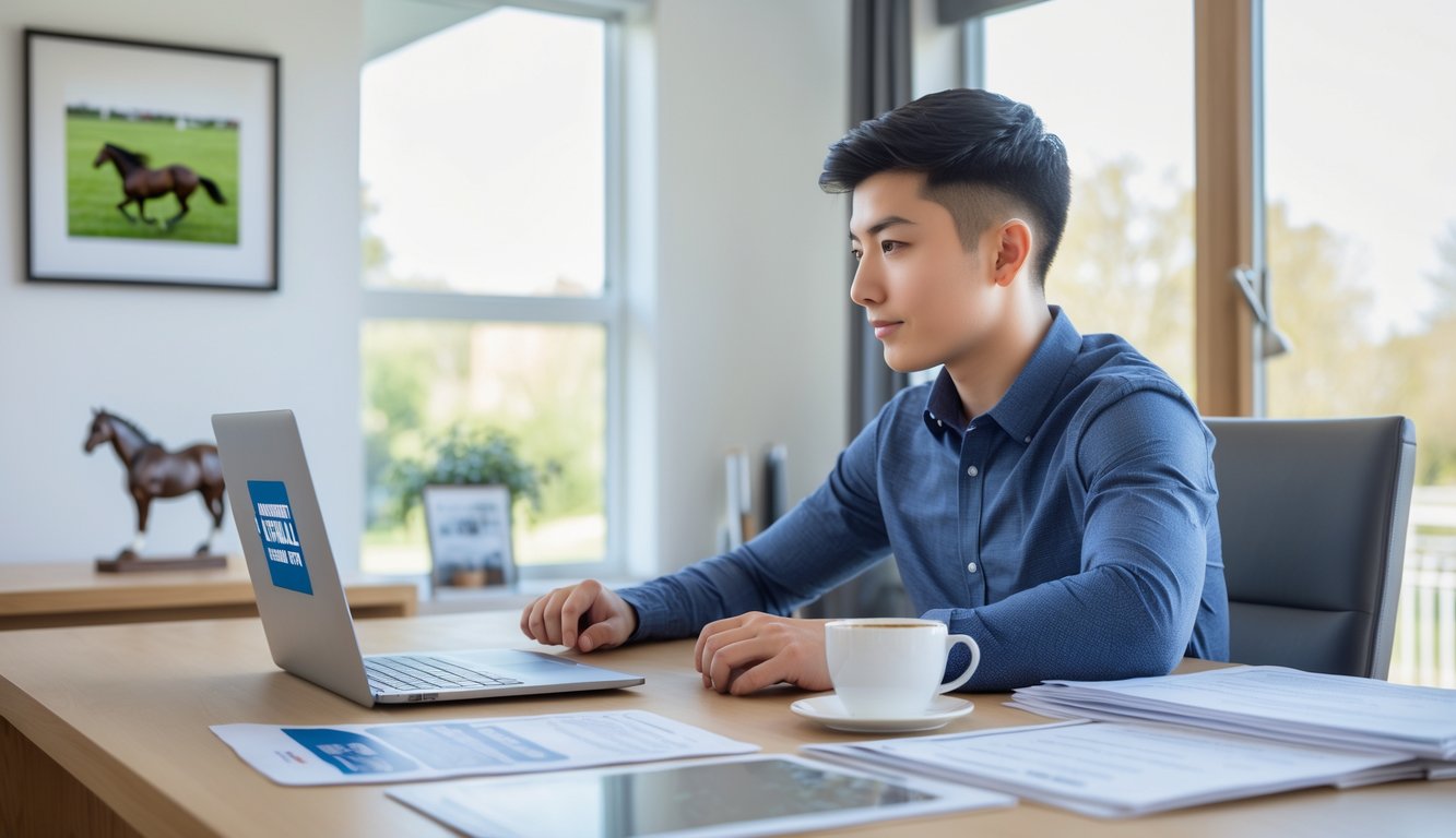 Seseorang sedang duduk di meja dengan laptop, mempersiapkan pendaftaran di situs balap kuda resmi.