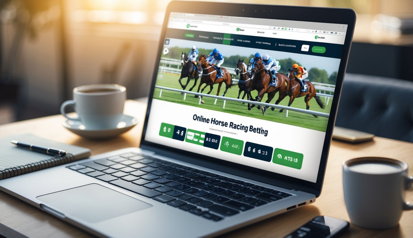 Seorang pengguna mengakses situs taruhan balap kuda resmi di layar komputer di meja kerja yang rapi.