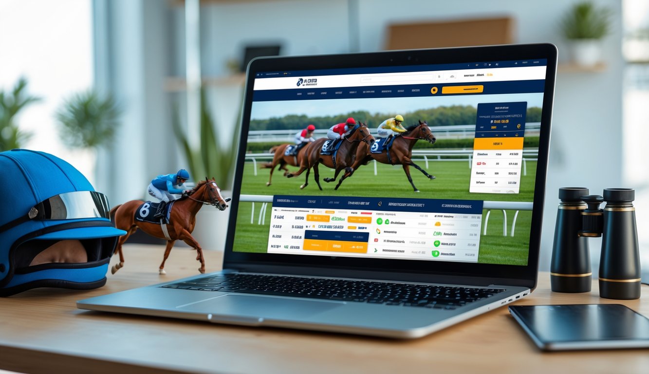 Sebuah laptop di meja kerja menampilkan situs balap kuda online dengan perlengkapan balap kuda di sekitarnya.