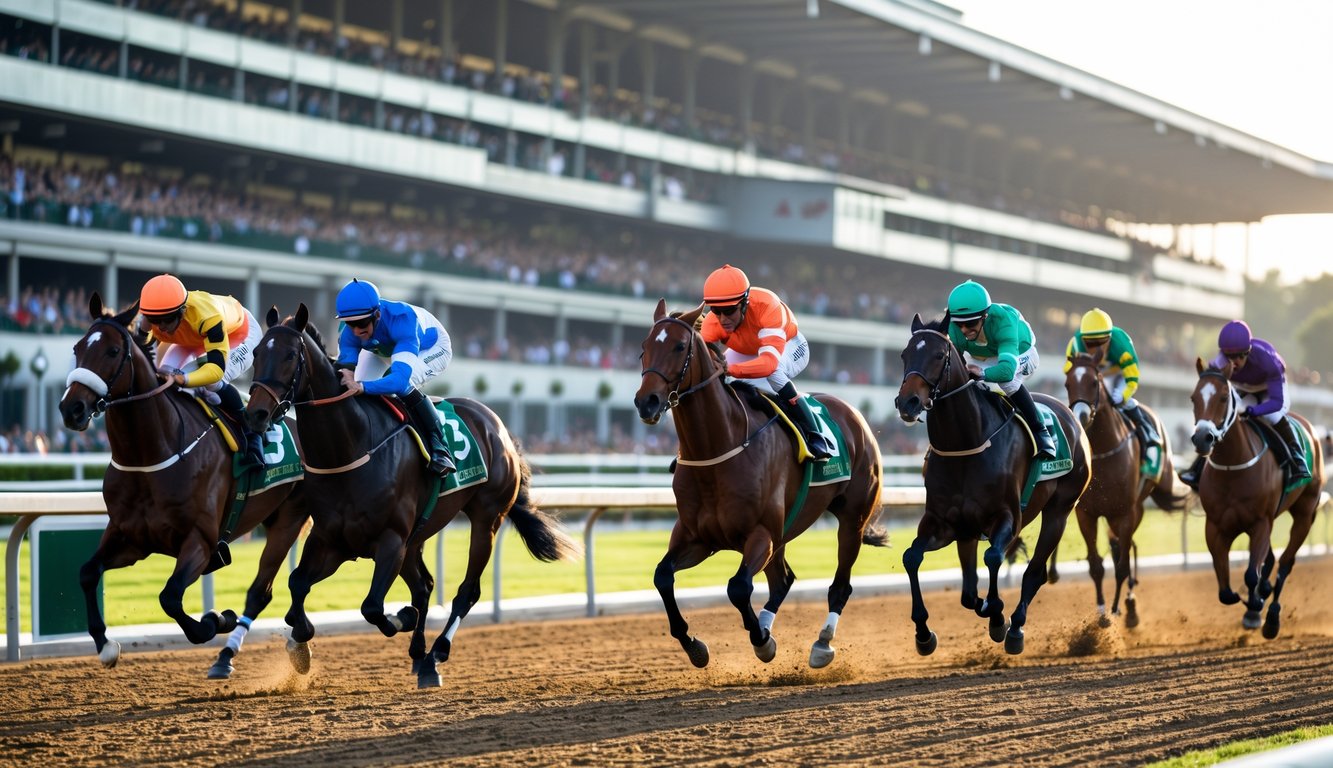 Beberapa kuda pacu dengan joki sedang berlari di lintasan balap kuda resmi dengan penonton di tribun belakang.