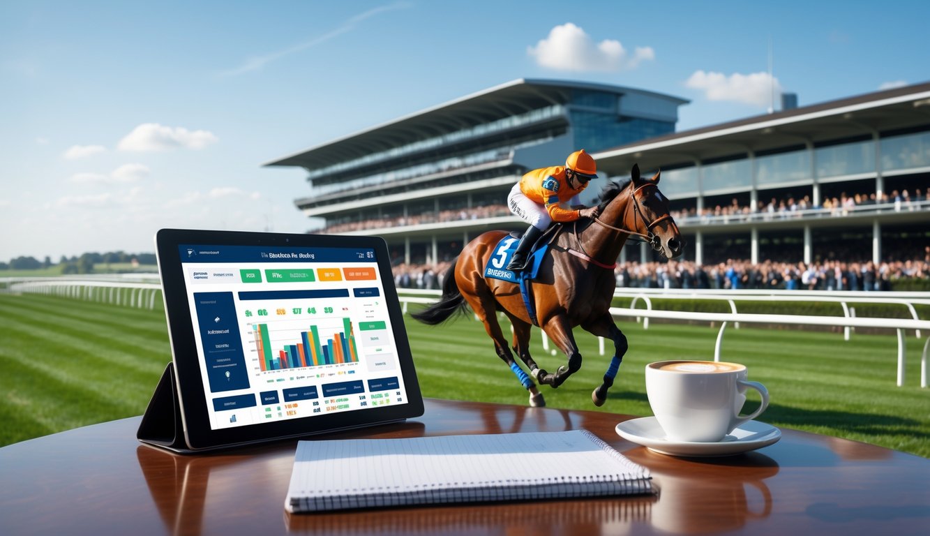 Seekor kuda pacu dengan joki sedang berlari di lintasan balap kuda resmi dengan tribun penonton di latar belakang dan tablet digital di meja dekatnya.