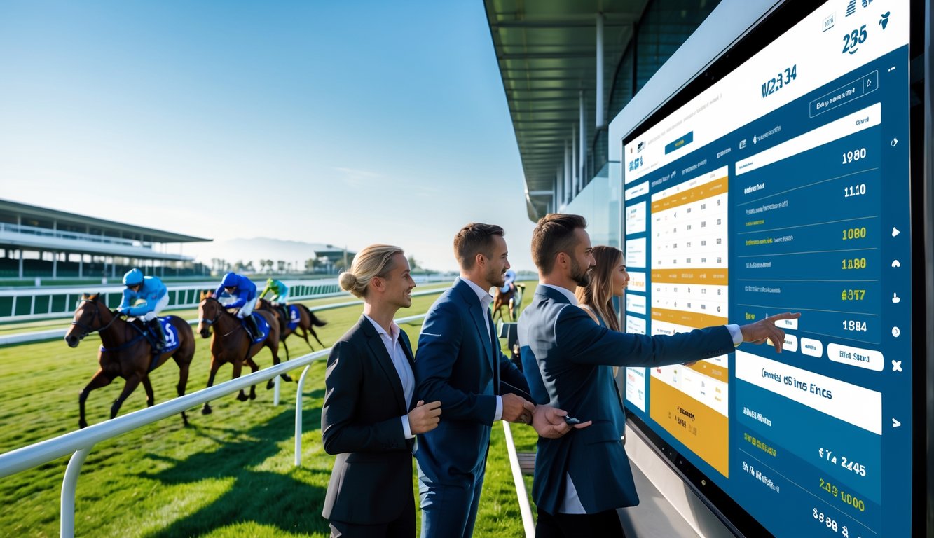 Orang-orang menggunakan layar digital untuk melihat balapan kuda yang sedang berlangsung di lintasan balap.