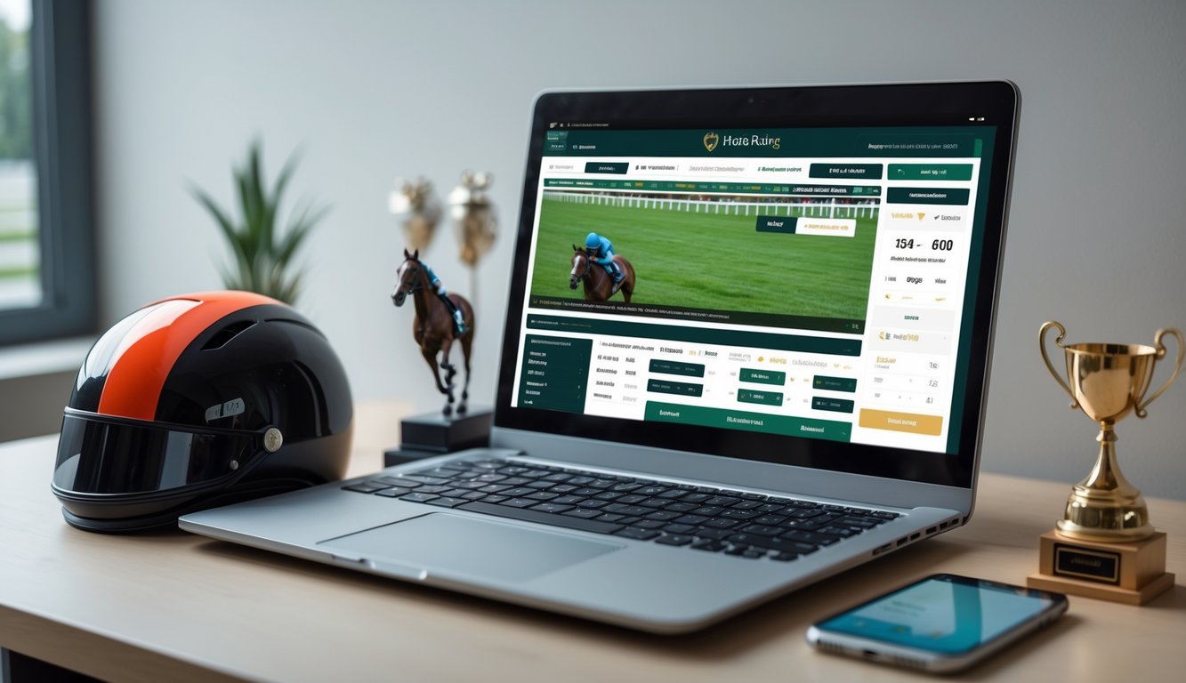 Seseorang menggunakan komputer dengan tampilan situs balap kuda resmi online, di meja terdapat helm joki dan miniatur kuda pacu.