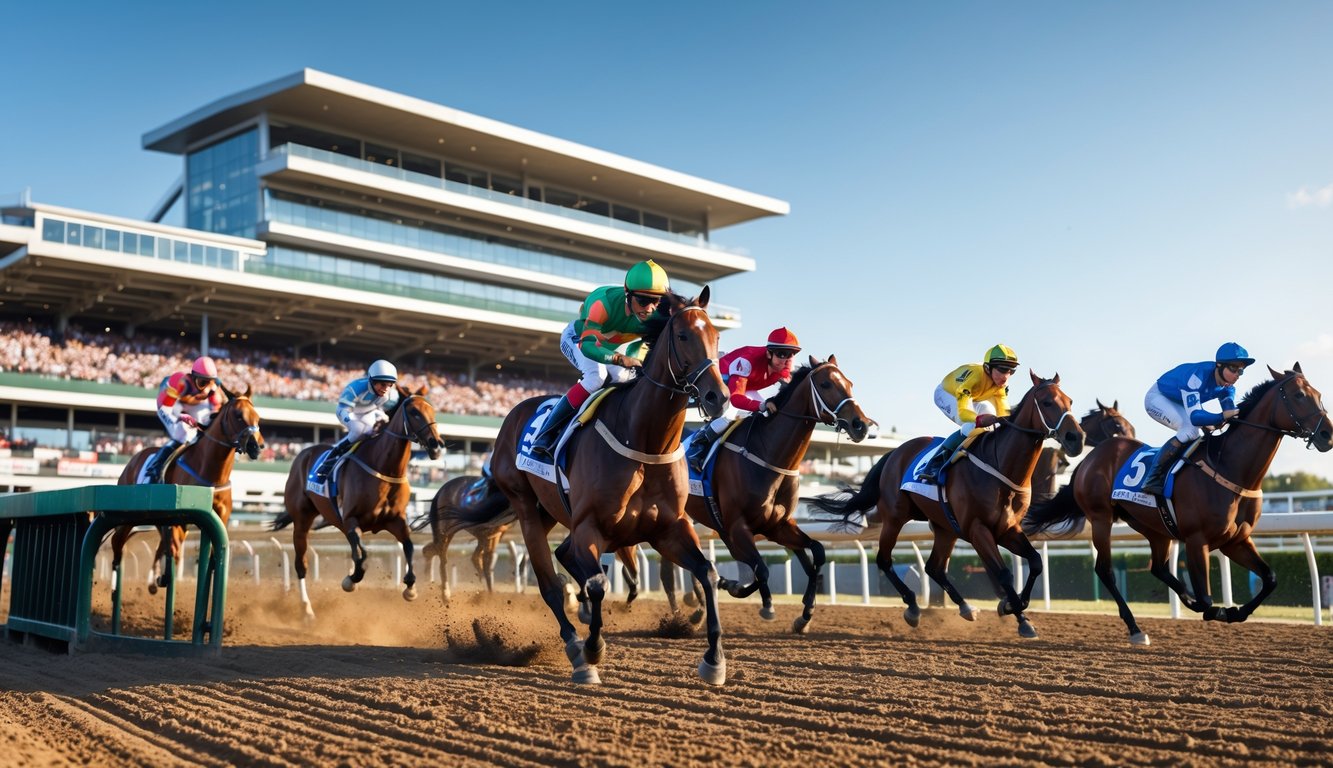 Beberapa kuda pacu dengan joki sedang berlari di lintasan balap kuda dengan tribun penonton penuh di latar belakang.