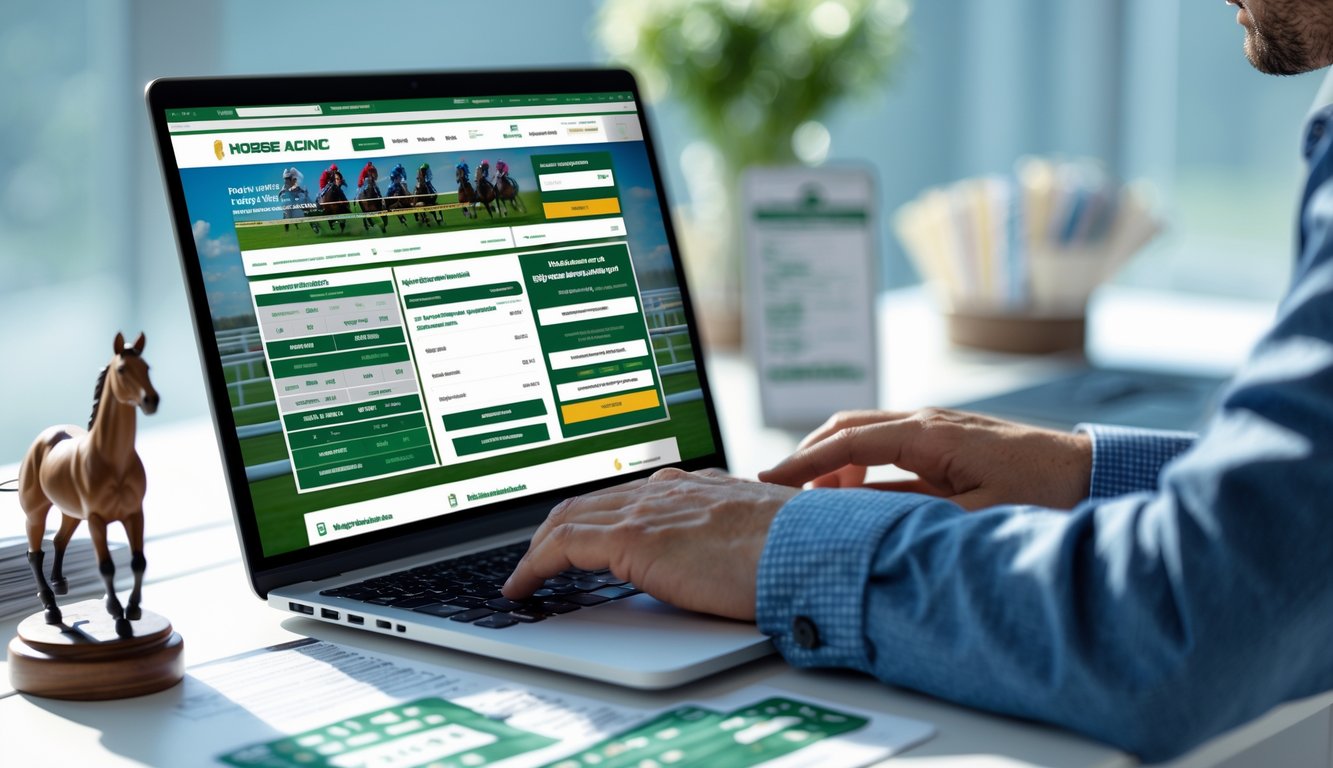 Seseorang menggunakan laptop di meja dengan perlengkapan terkait taruhan balap kuda, seperti miniatur kuda dan ponsel, di ruang kerja yang terang.