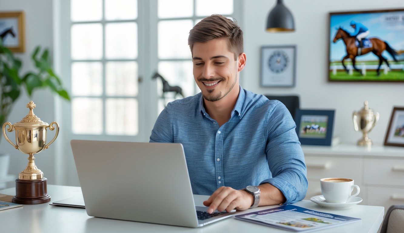 Seorang pria muda sedang mendaftar di situs balap kuda resmi menggunakan laptop di ruang kerja yang terang dan rapi.