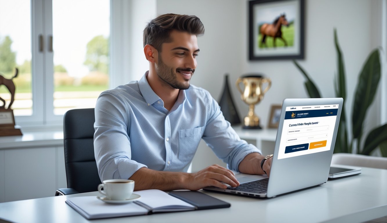 Seorang pria muda duduk di meja dengan laptop, sedang mendaftar di situs balap kuda resmi di ruangan yang terang dan rapi.