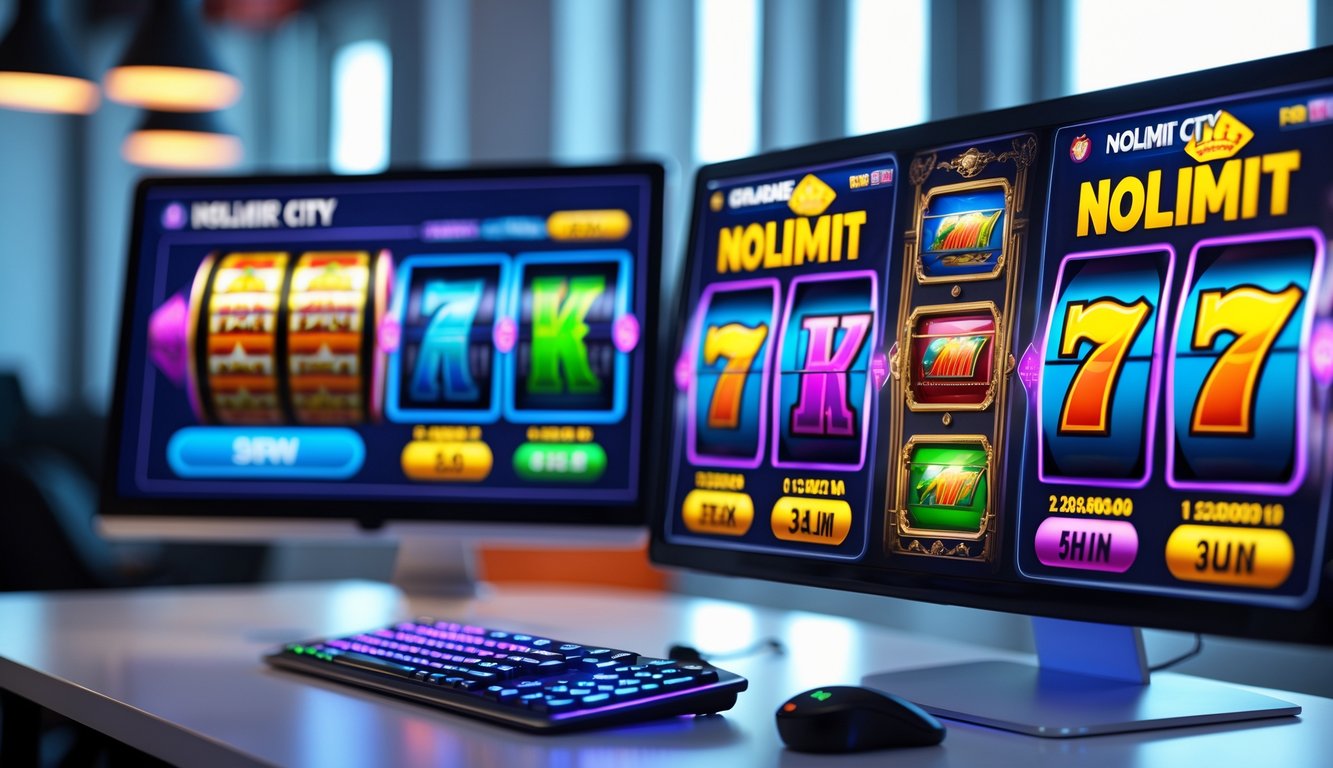 Sebuah meja dengan komputer menampilkan permainan slot online berwarna-warni dari Nolimit City dengan indikator RTP tinggi.