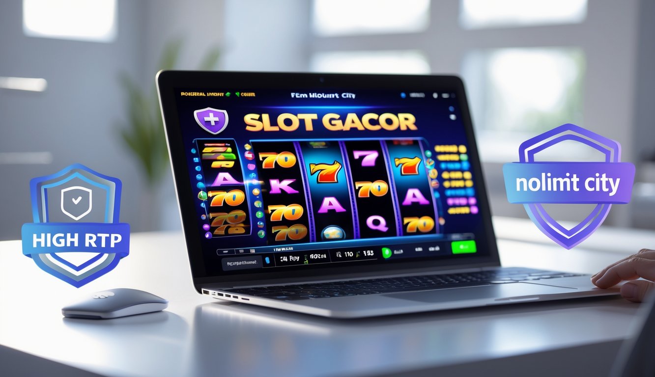 Seorang pengguna duduk di depan laptop dengan layar menampilkan permainan slot online berwarna cerah, di lingkungan kerja yang rapi dan terang.