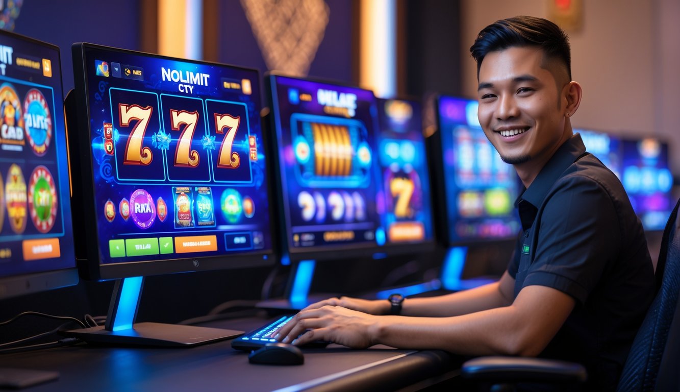 Seorang pria muda Indonesia sedang bermain permainan slot online di komputer di ruangan yang modern dan terang dengan dekorasi yang menampilkan sentuhan budaya Indonesia.