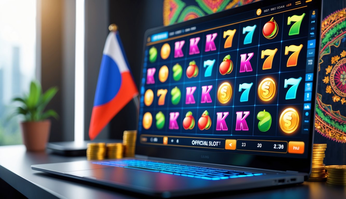 Seorang pengguna bermain permainan slot online di laptop dengan latar belakang yang menampilkan elemen budaya Indonesia.