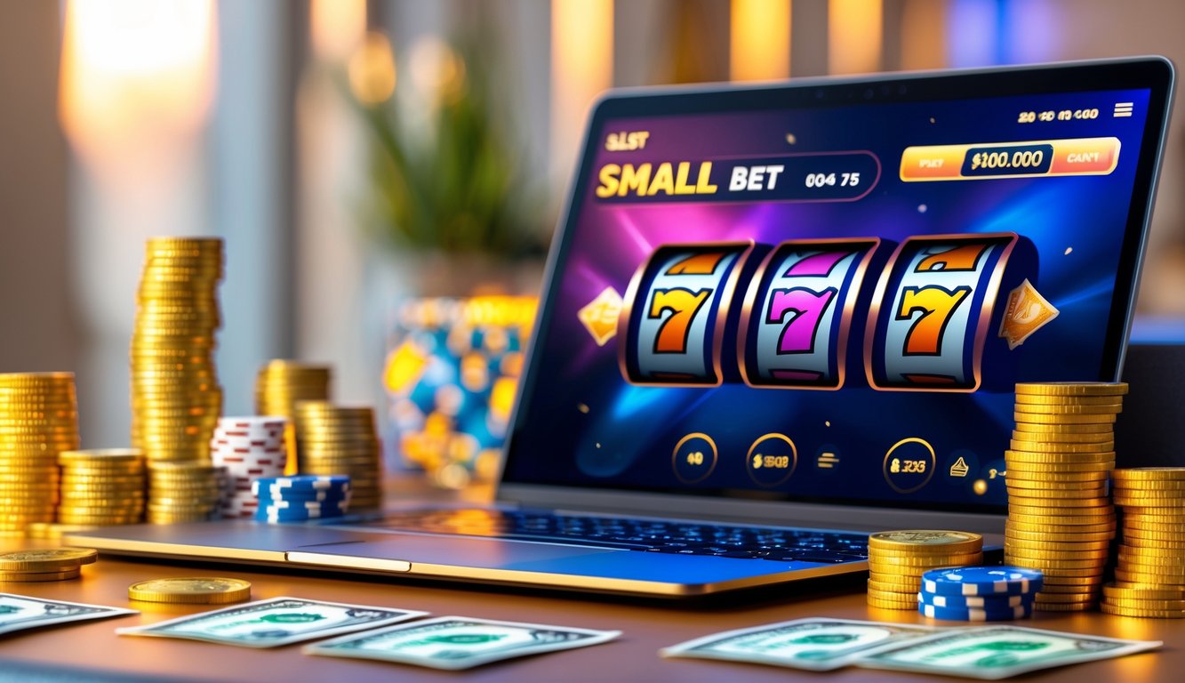 Seorang pengguna sedang bermain game slot online di laptop dengan tumpukan koin dan chip di meja, menandakan kemenangan dari taruhan kecil.