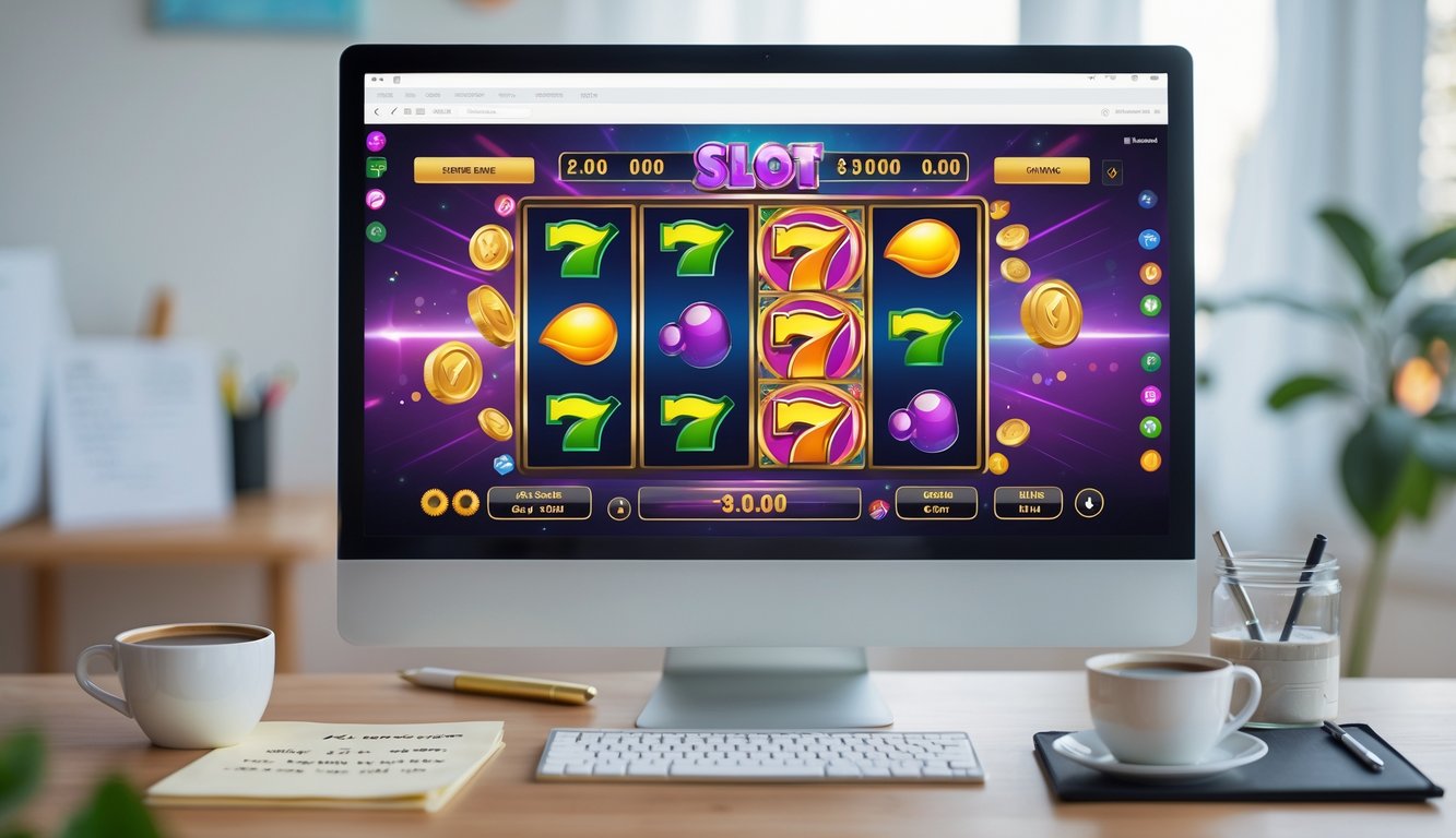 Seorang pemain menggunakan laptop dengan permainan slot online yang berwarna-warni di layar, di meja terdapat catatan dan cangkir kopi di ruang kerja yang terang.