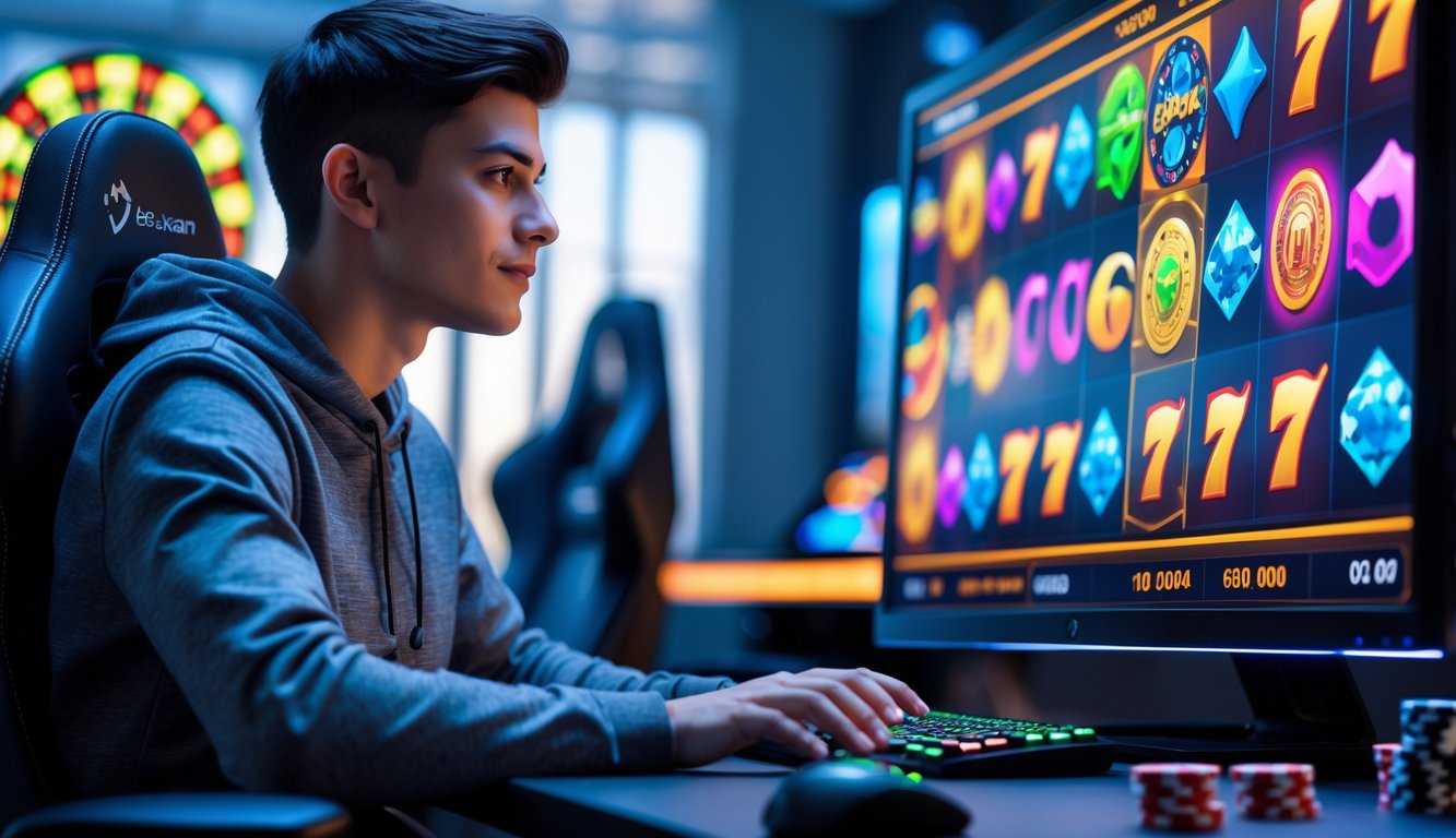 Seorang pria muda duduk di depan komputer dengan tampilan mesin slot berwarna-warni di layar, di ruangan dengan dekorasi bertema kasino.