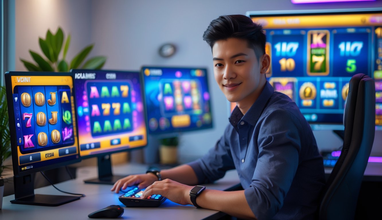 Seorang dewasa muda duduk di meja dengan beberapa perangkat digital yang menampilkan permainan slot online, terlihat fokus dan tersenyum di ruang yang terang dan rapi.