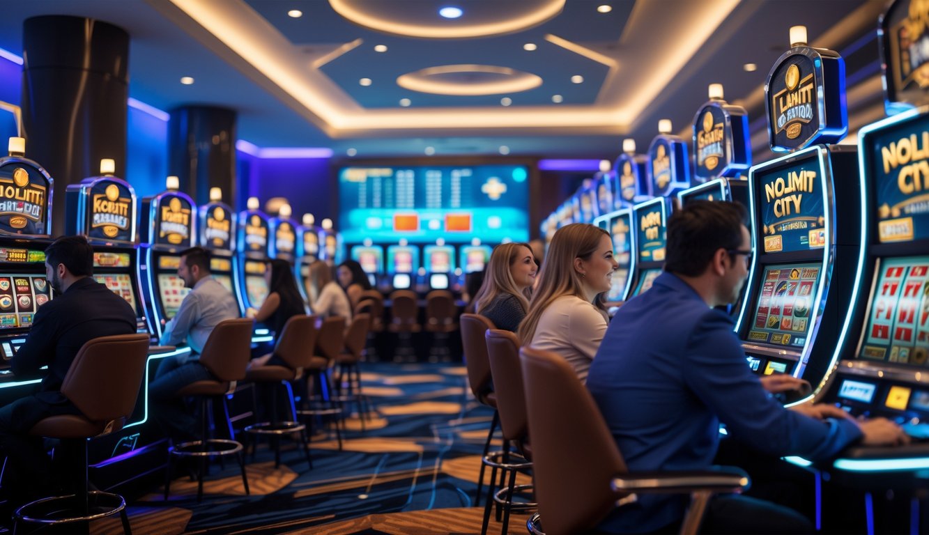 Orang-orang bermain mesin slot di kasino modern dengan suasana cerah dan penuh semangat.