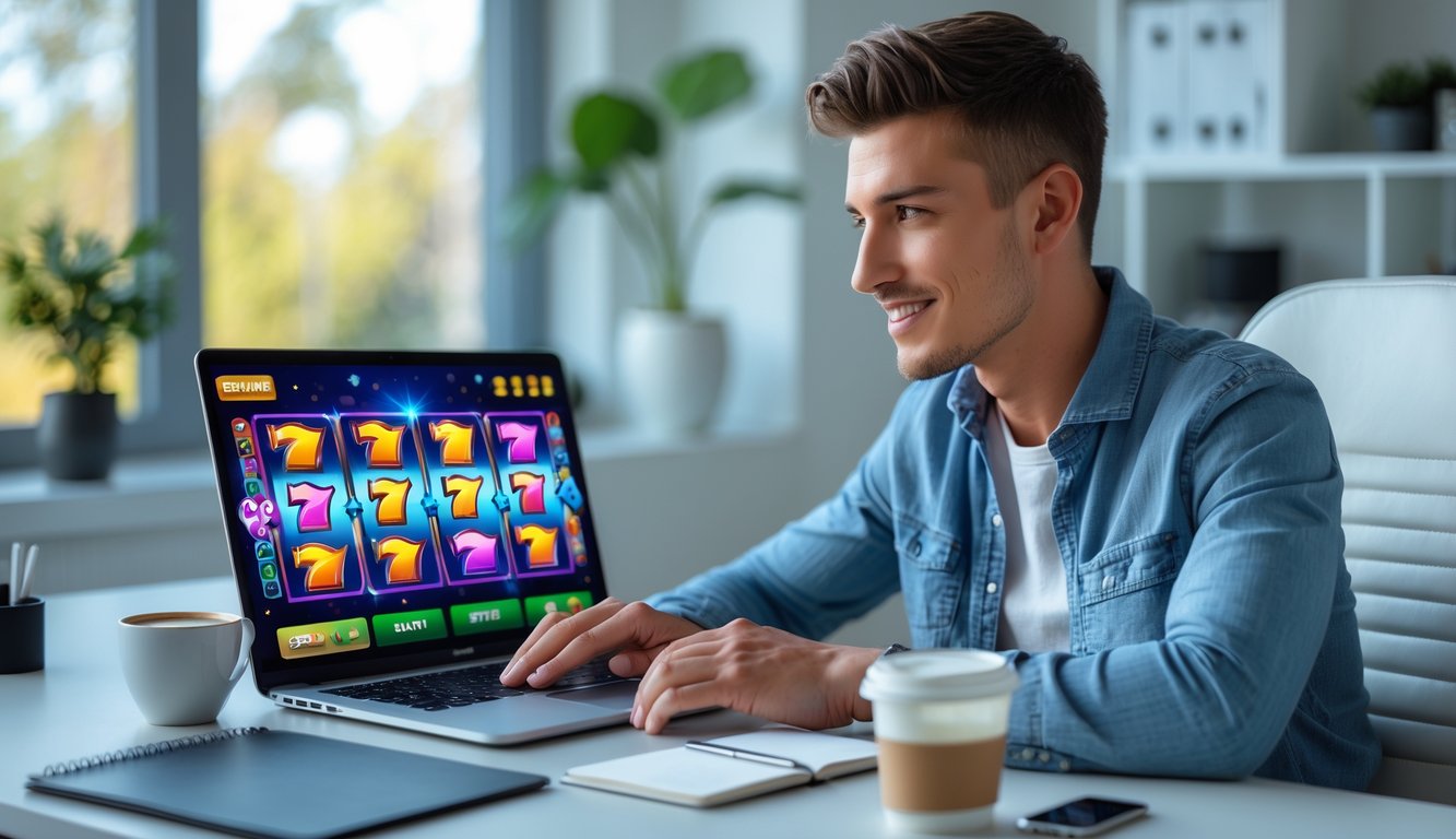 Seorang pria muda duduk di meja kerja modern dengan laptop yang menampilkan permainan slot online, suasana ruang kerja rapi dan terang.