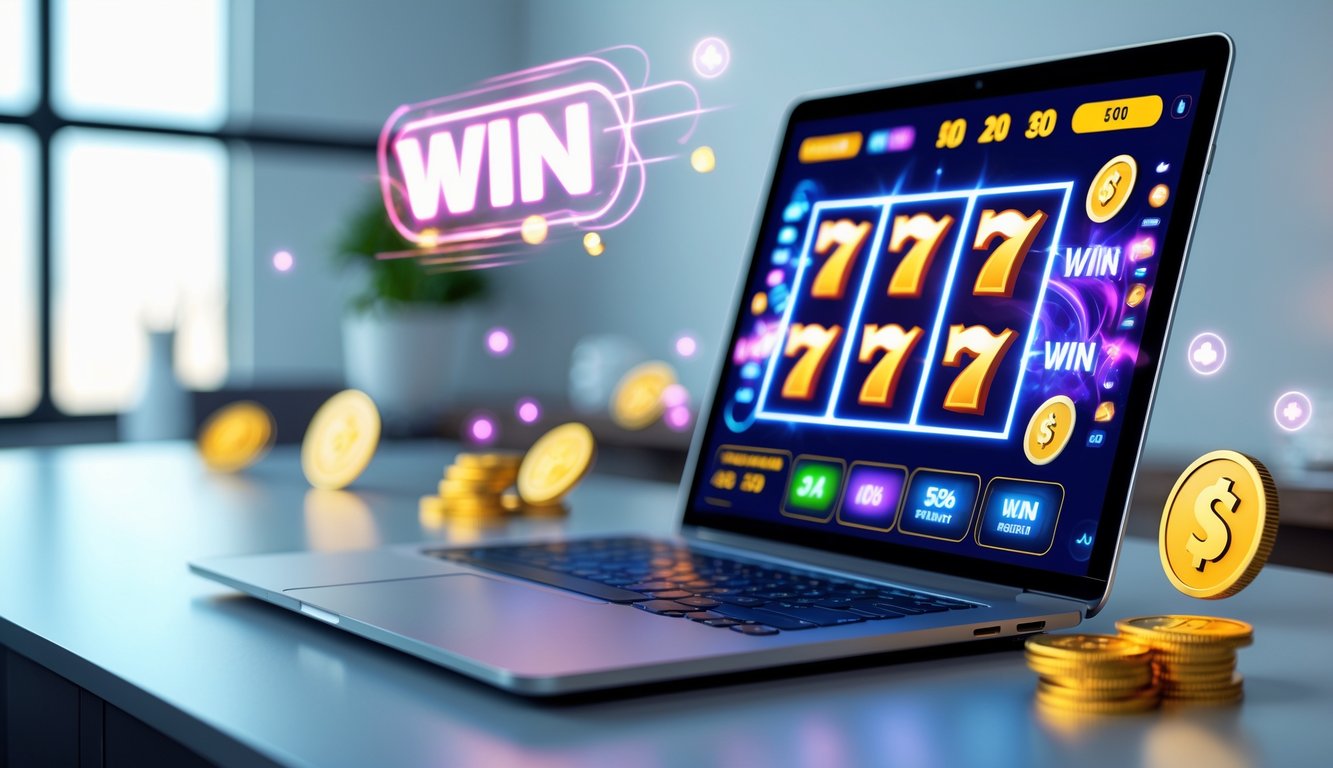 Seorang pengguna sedang bermain mesin slot online di layar komputer dengan simbol warna-warni dan koin digital di sekitarnya.