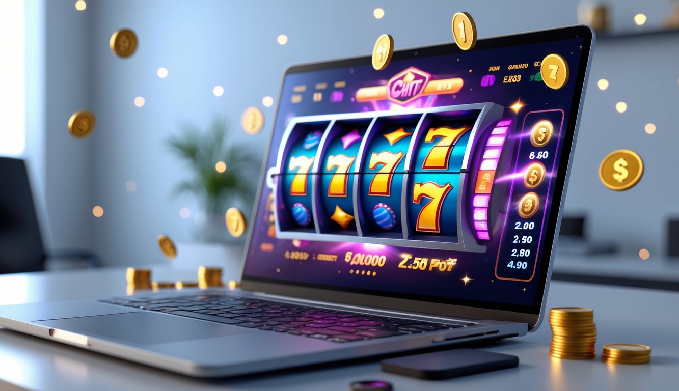 Seseorang bermain mesin slot online di komputer dengan tampilan permainan berwarna cerah dan simbol jackpot di layar.